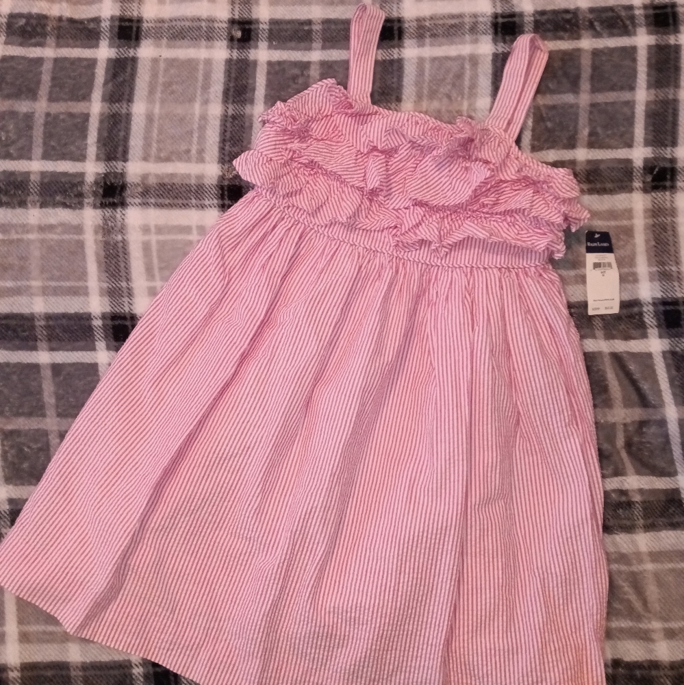 🆕 Ralph Lauren | Seersucker Pink & White Tiered Ruffle Top Dress Girls Size 12 - Picture 2 of 15